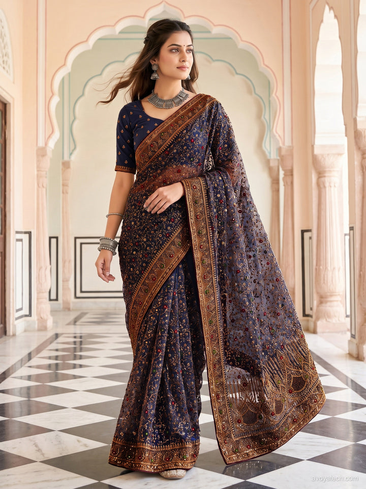 Zari & Stone Embroidered Net Saree with Blouse Piece