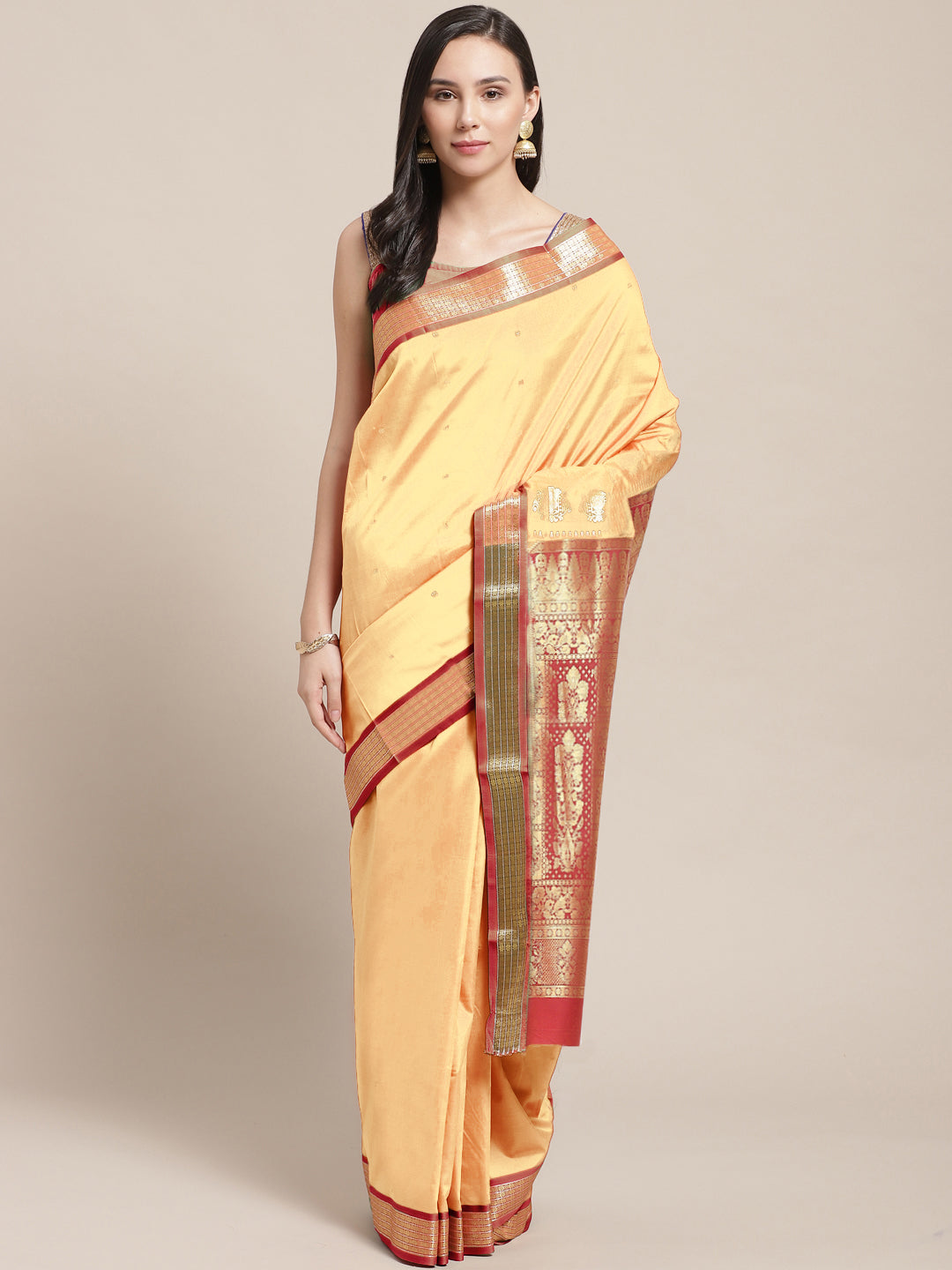 Beige & Red Handloom Traditional NarayanPet Silk  Saree
