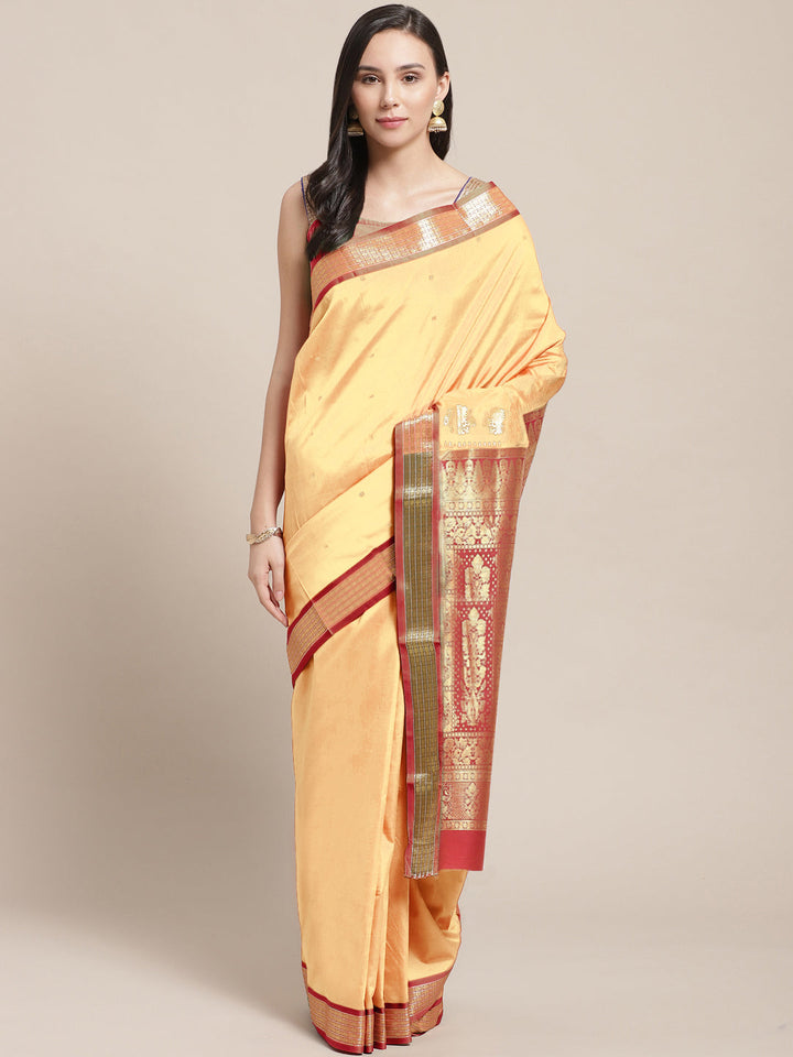 Beige & Red Handloom Traditional NarayanPet Silk  Saree