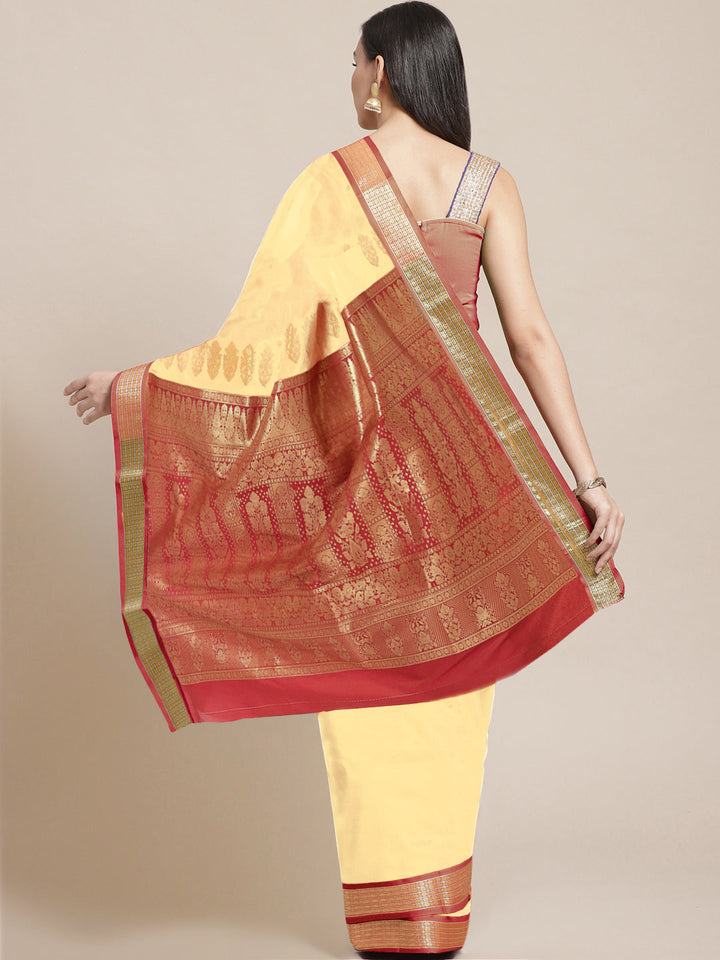 Beige & Red Handloom Traditional NarayanPet Silk  Saree