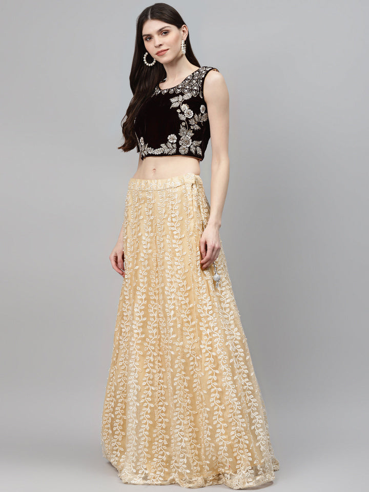 Floral Resham Embroidery Lehenga Set with Velvet Blouse, Frills & Crystal Embellishment