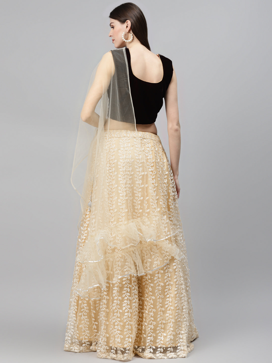 Floral Resham Embroidery Lehenga Set with Velvet Blouse, Frills & Crystal Embellishment