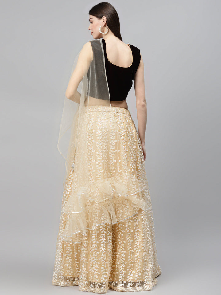 Floral Resham Embroidery Lehenga Set with Velvet Blouse, Frills & Crystal Embellishment