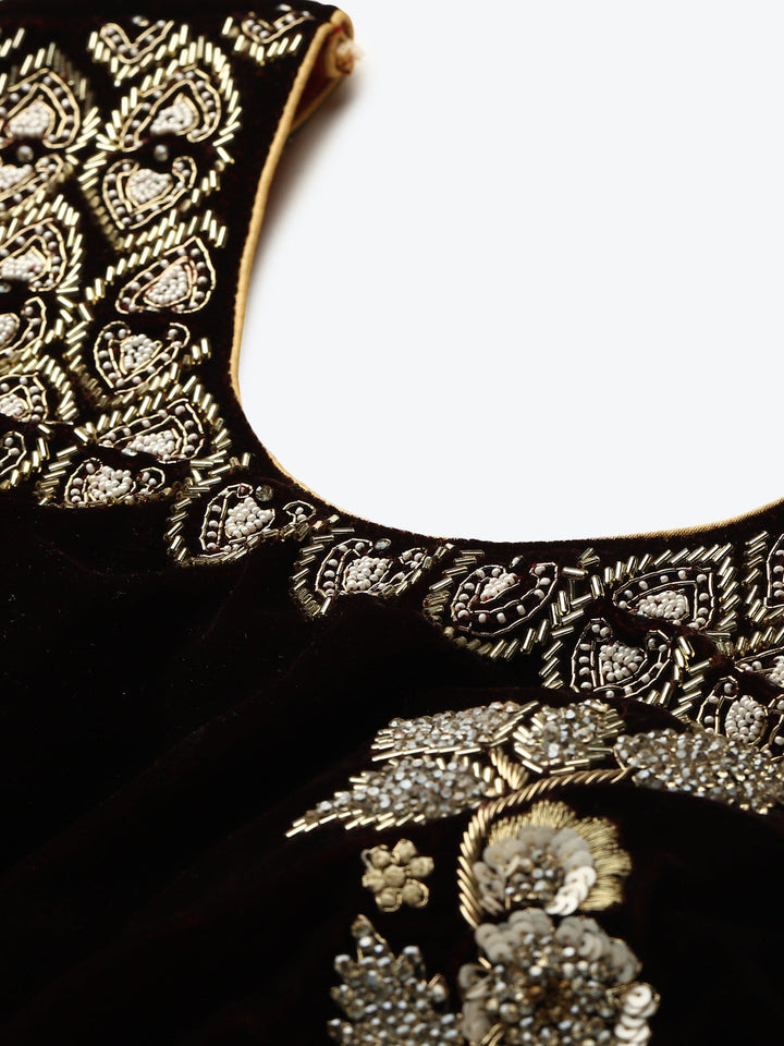 Floral Resham Embroidery Lehenga Set with Velvet Blouse, Frills & Crystal Embellishment