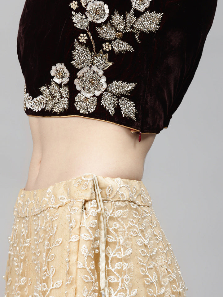 Floral Resham Embroidery Lehenga Set with Velvet Blouse, Frills & Crystal Embellishment