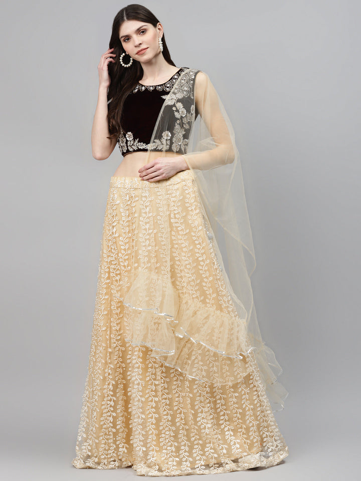 Floral Resham Embroidery Lehenga Set with Velvet Blouse, Frills & Crystal Embellishment