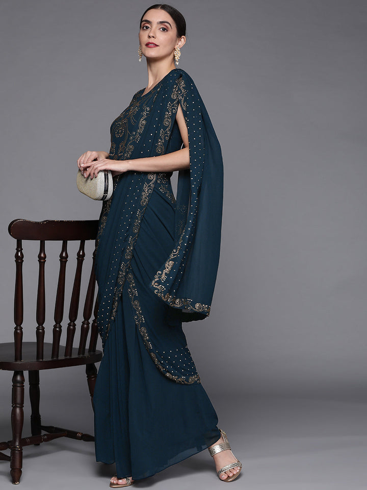 Navy Blue Georgette Pre Draped Saree Gown With Attached Dupatta