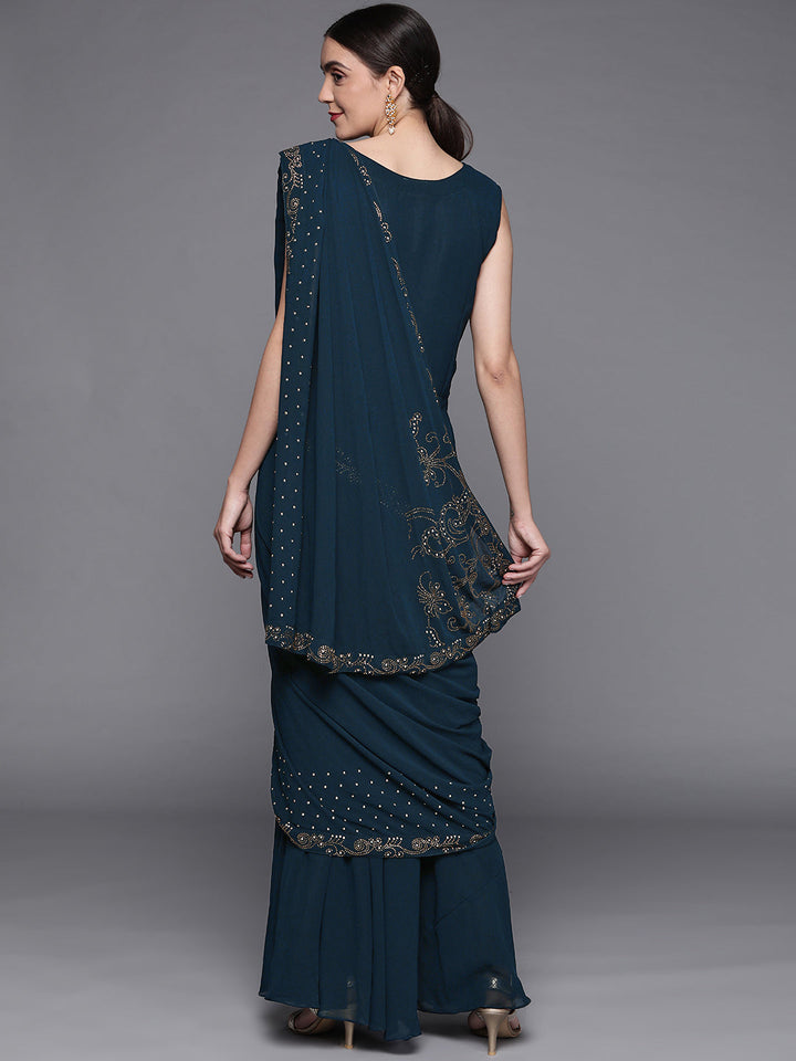 Navy Blue Georgette Pre Draped Saree Gown With Attached Dupatta