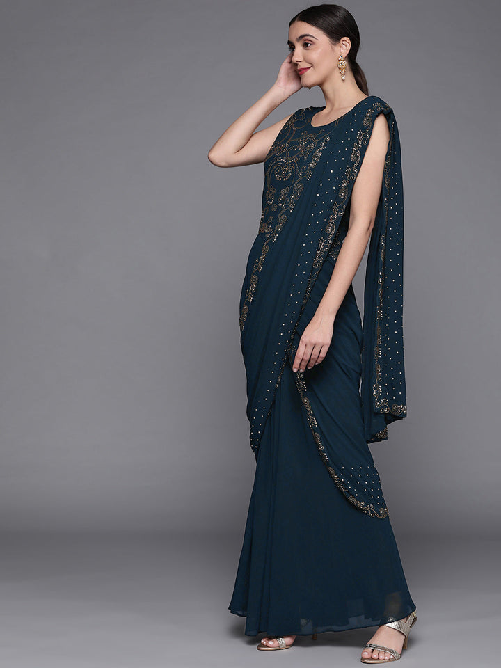 Navy Blue Georgette Pre Draped Saree Gown With Attached Dupatta
