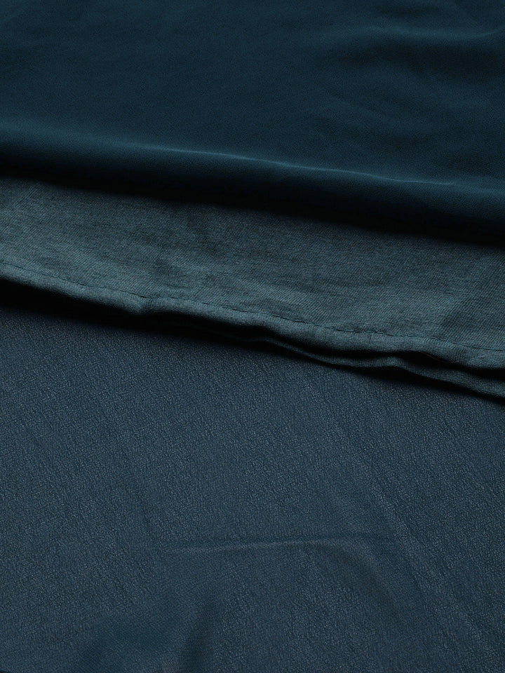 Navy Blue Georgette Pre Draped Saree Gown With Attached Dupatta