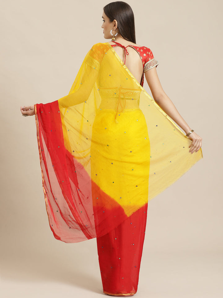Red & Yellow Ombre Chiffon Saree with Crystals Mirror Embroidery & Benarasi Blouse