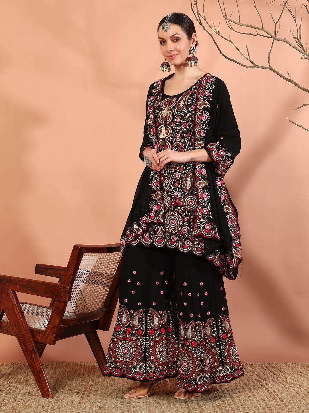 Chhabra 555 Black Multi Color Thread & Mirror Embroidery Kurta Palazzo Set & Embellished Dupatta