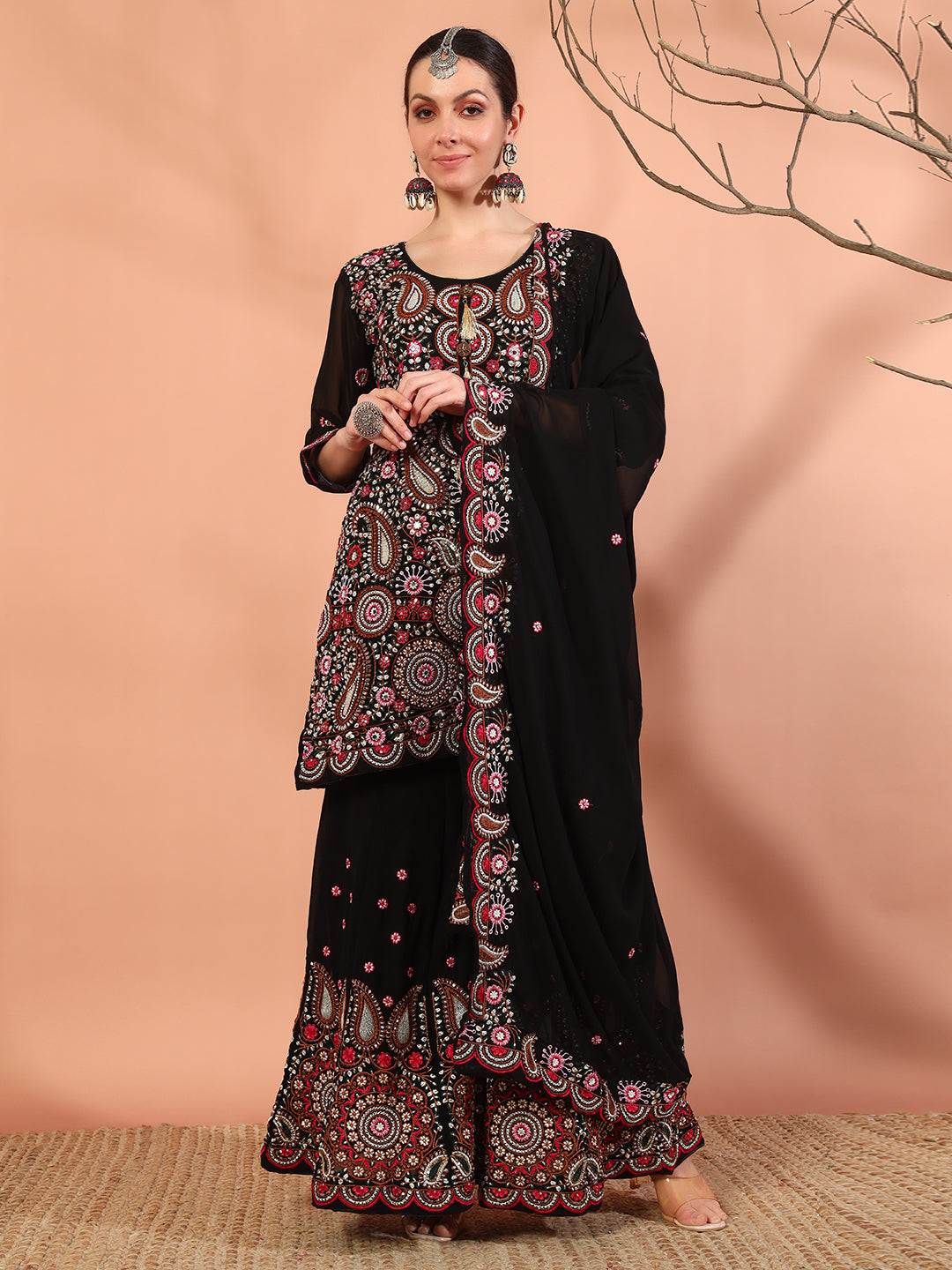 Black Multi Color Thread & Mirror Embroidery Kurta Palazzo Set & Embellished Dupatta