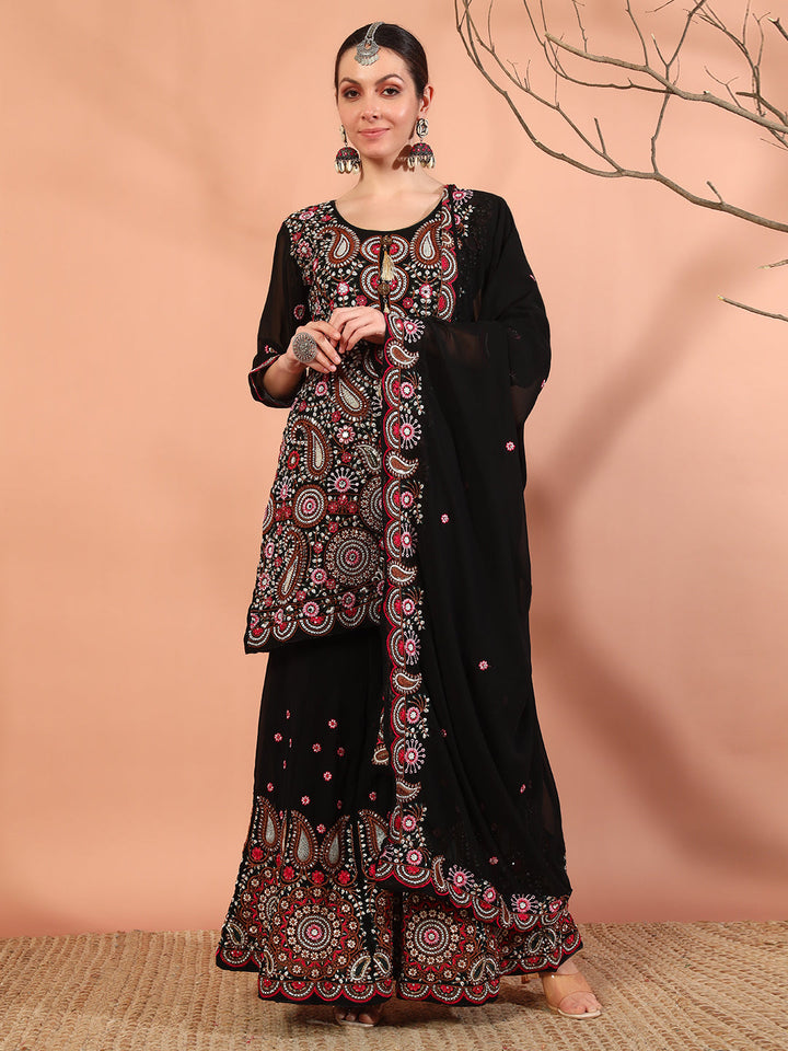 Black Multi Color Thread & Mirror Embroidery Kurta Palazzo Set & Embellished Dupatta