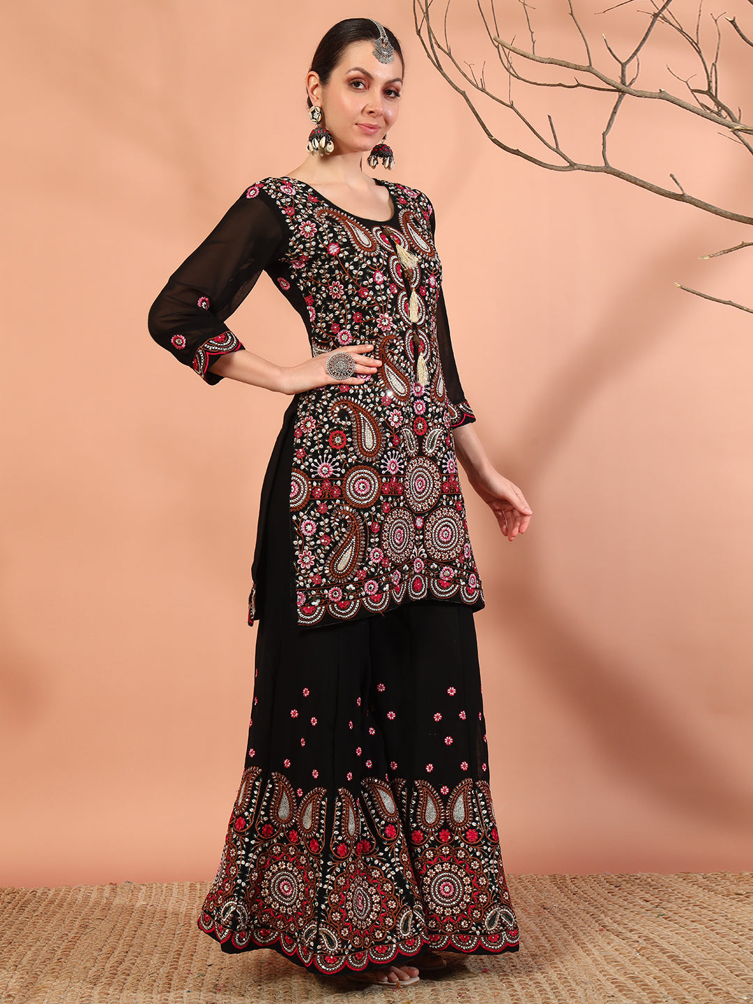 Black Multi Color Thread & Mirror Embroidery Kurta Palazzo Set & Embellished Dupatta