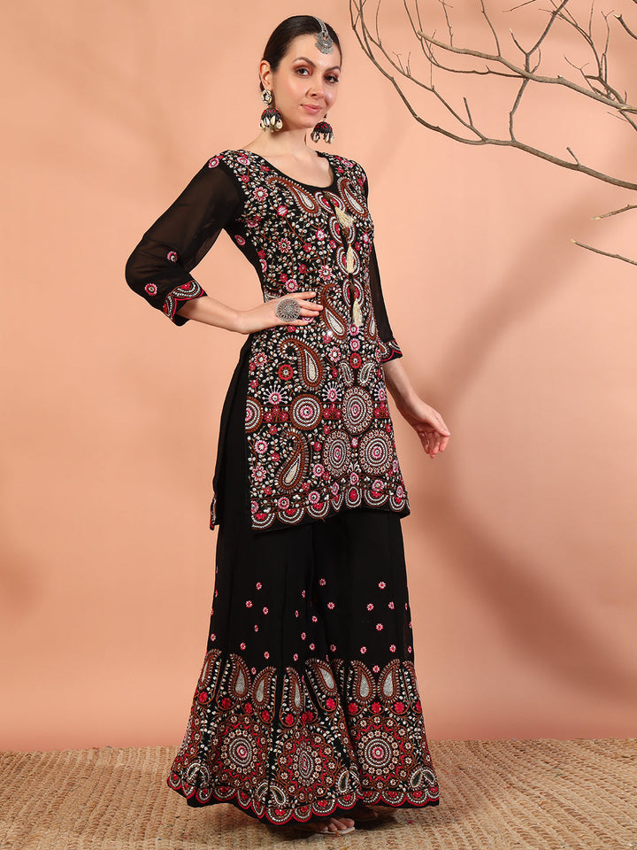 Black Multi Color Thread & Mirror Embroidery Kurta Palazzo Set & Embellished Dupatta