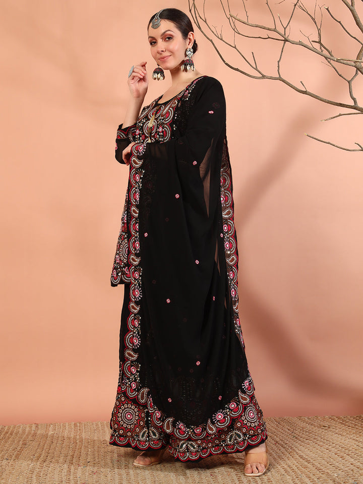 Black Multi Color Thread & Mirror Embroidery Kurta Palazzo Set & Embellished Dupatta