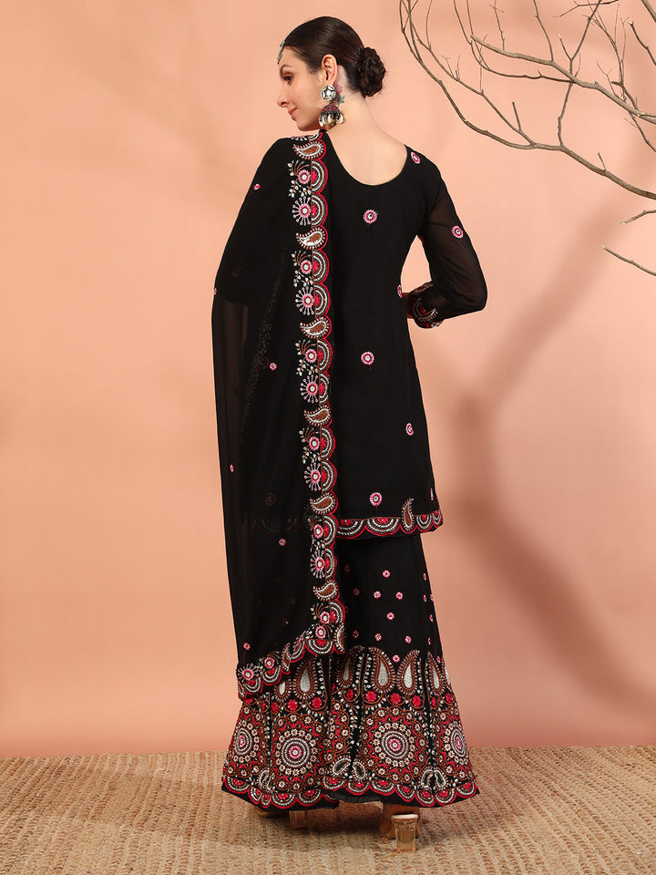 Black Multi Color Thread & Mirror Embroidery Kurta Palazzo Set & Embellished Dupatta