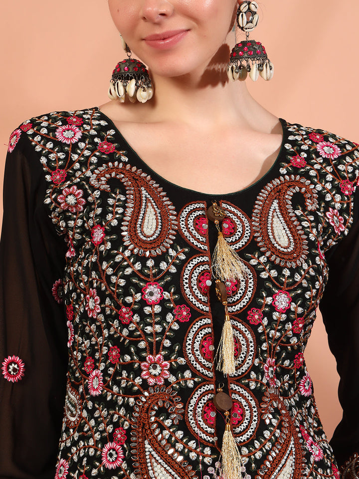 Black Multi Color Thread & Mirror Embroidery Kurta Palazzo Set & Embellished Dupatta