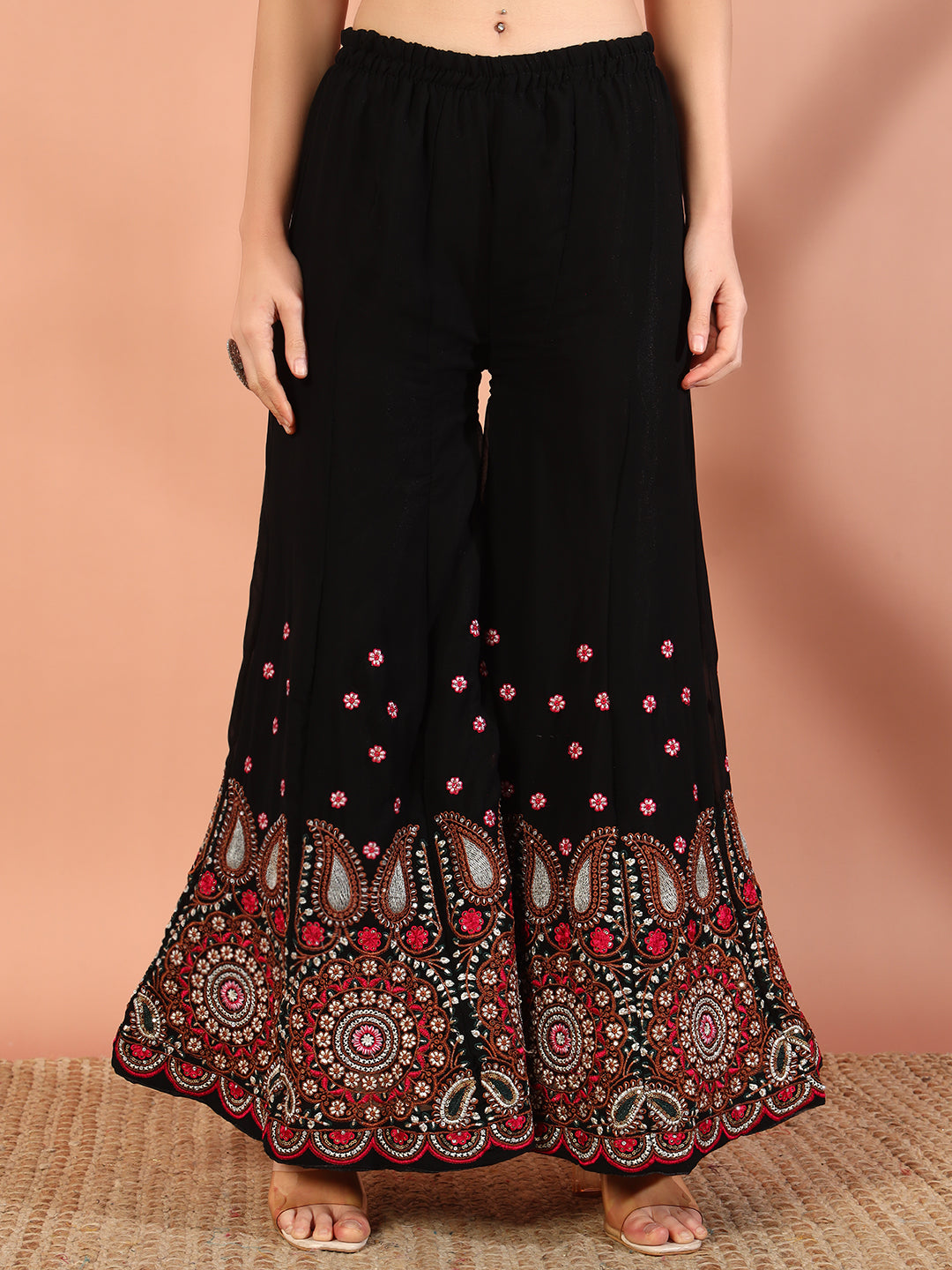 Black Multi Color Thread & Mirror Embroidery Kurta Palazzo Set & Embellished Dupatta