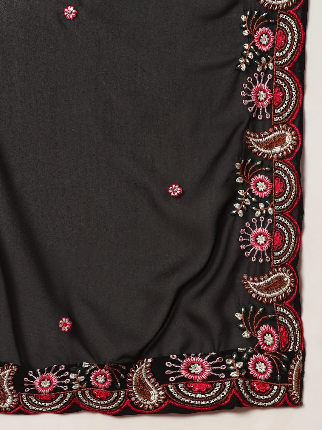 Black Multi Color Thread & Mirror Embroidery Kurta Palazzo Set & Embellished Dupatta