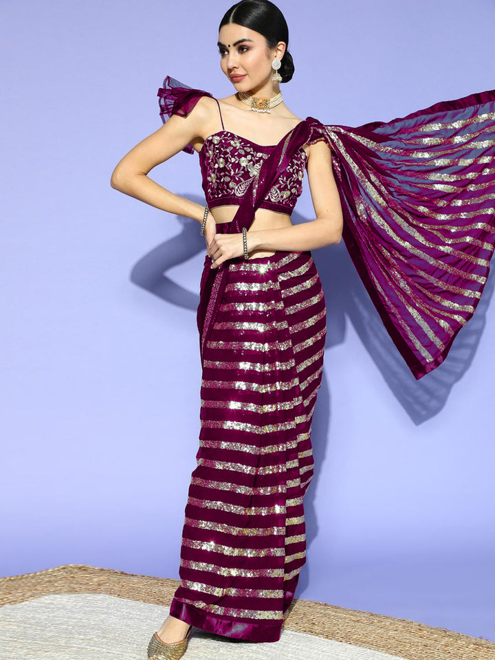 Purple Striped Sequinned Bling Embellished Designer Georgette Saree