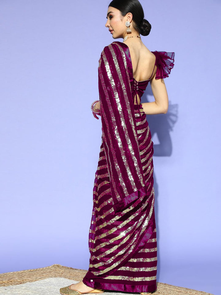 Purple Striped Sequinned Bling Embellished Designer Georgette Saree