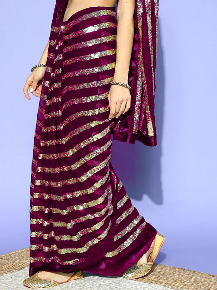 Purple Striped Sequinned Bling Embellished Designer Georgette Saree