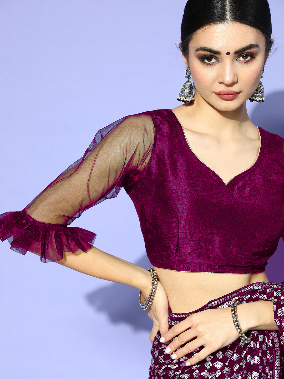Purple Striped Sequinned Bling Embellished Designer Georgette Saree