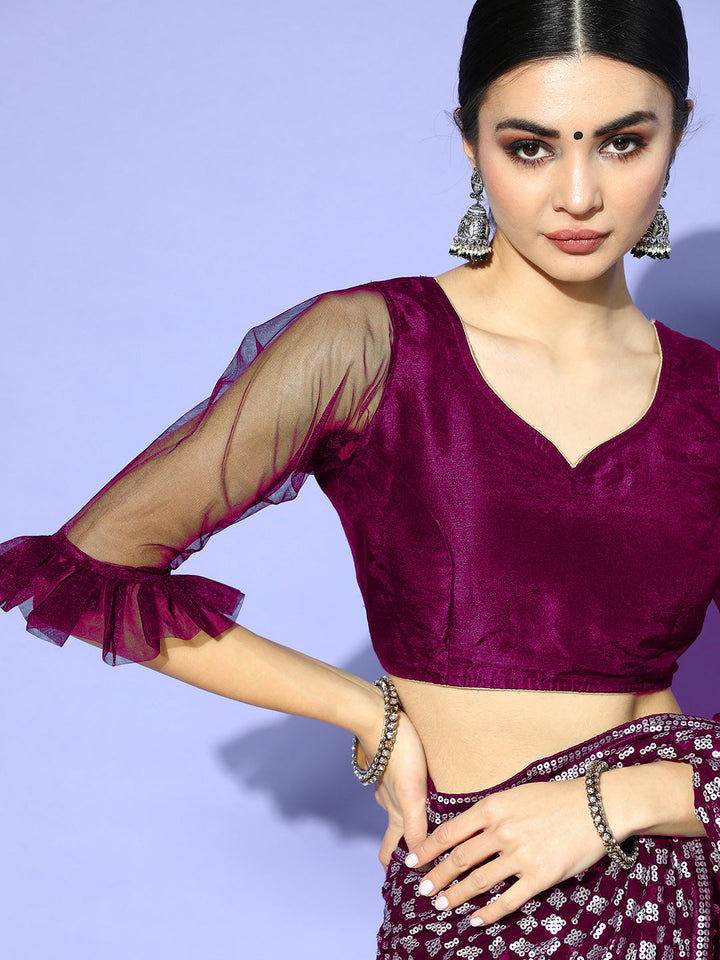 Purple Striped Sequinned Bling Embellished Designer Georgette Saree