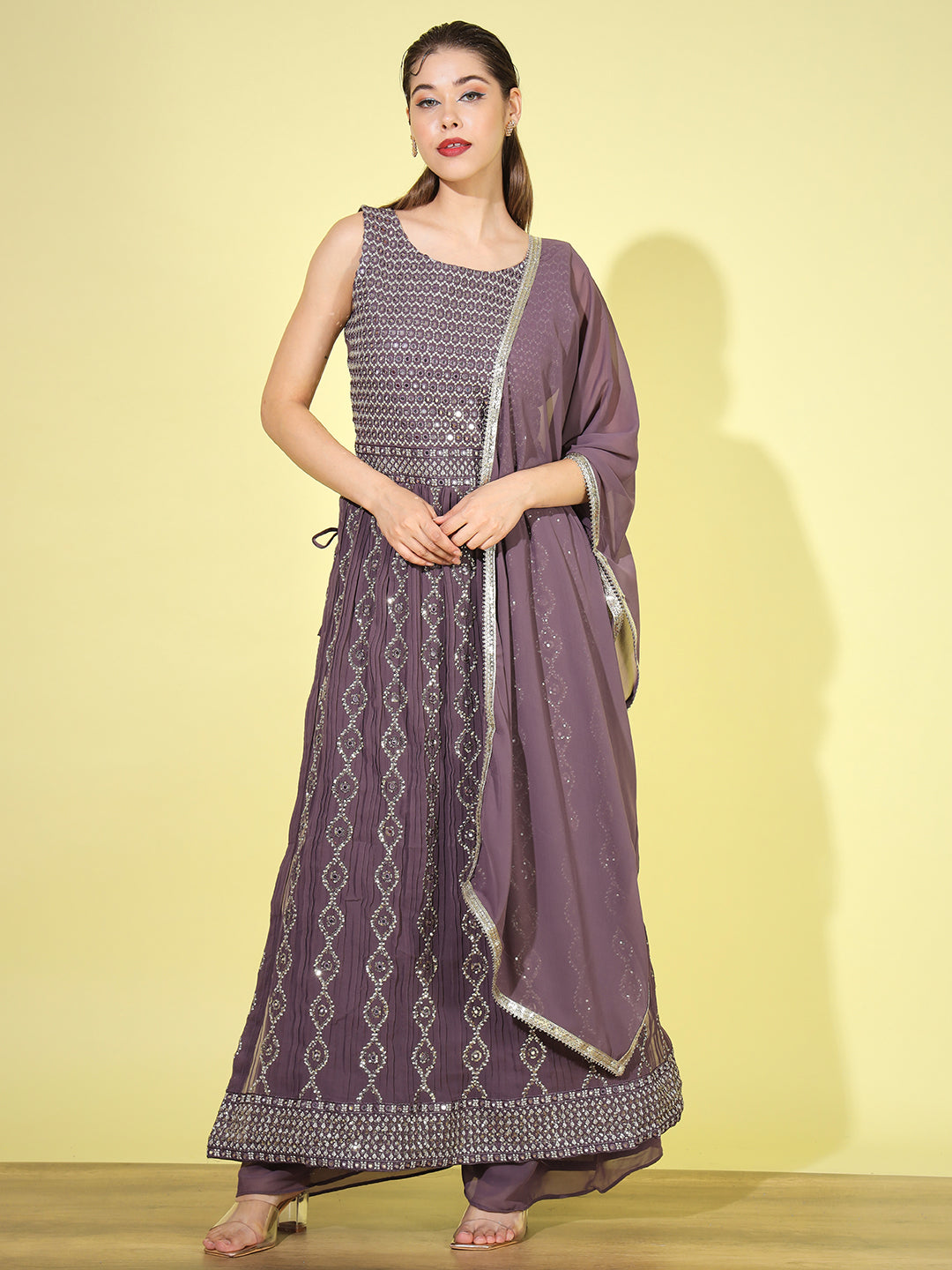 Mauve Mirror Embellished Georgette Nyraa Suit with Flared Palazzo