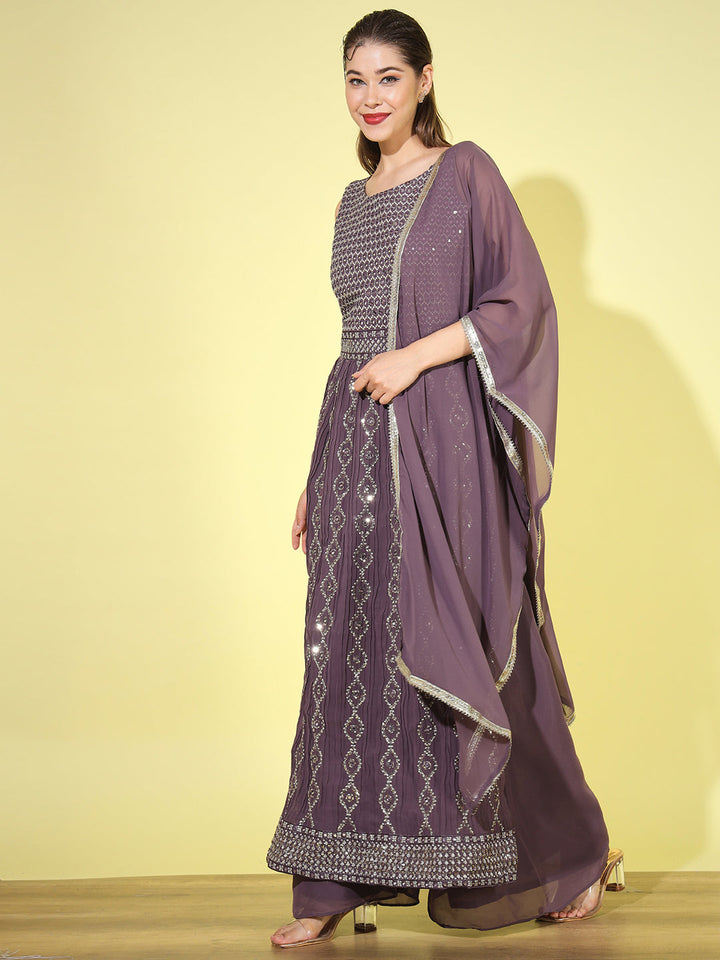 Mauve Mirror Embellished Georgette Nyraa Suit with Flared Palazzo