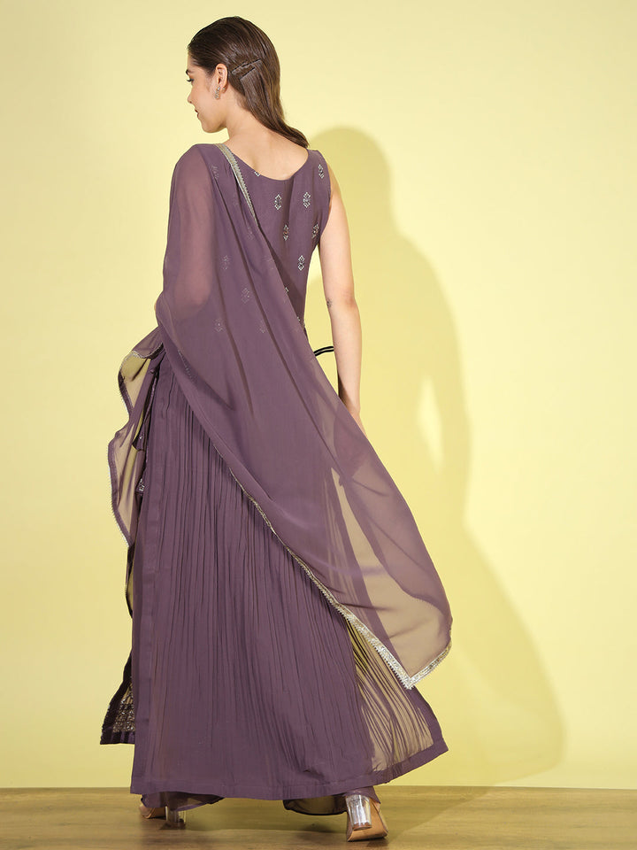 Mauve Mirror Embellished Georgette Nyraa Suit with Flared Palazzo