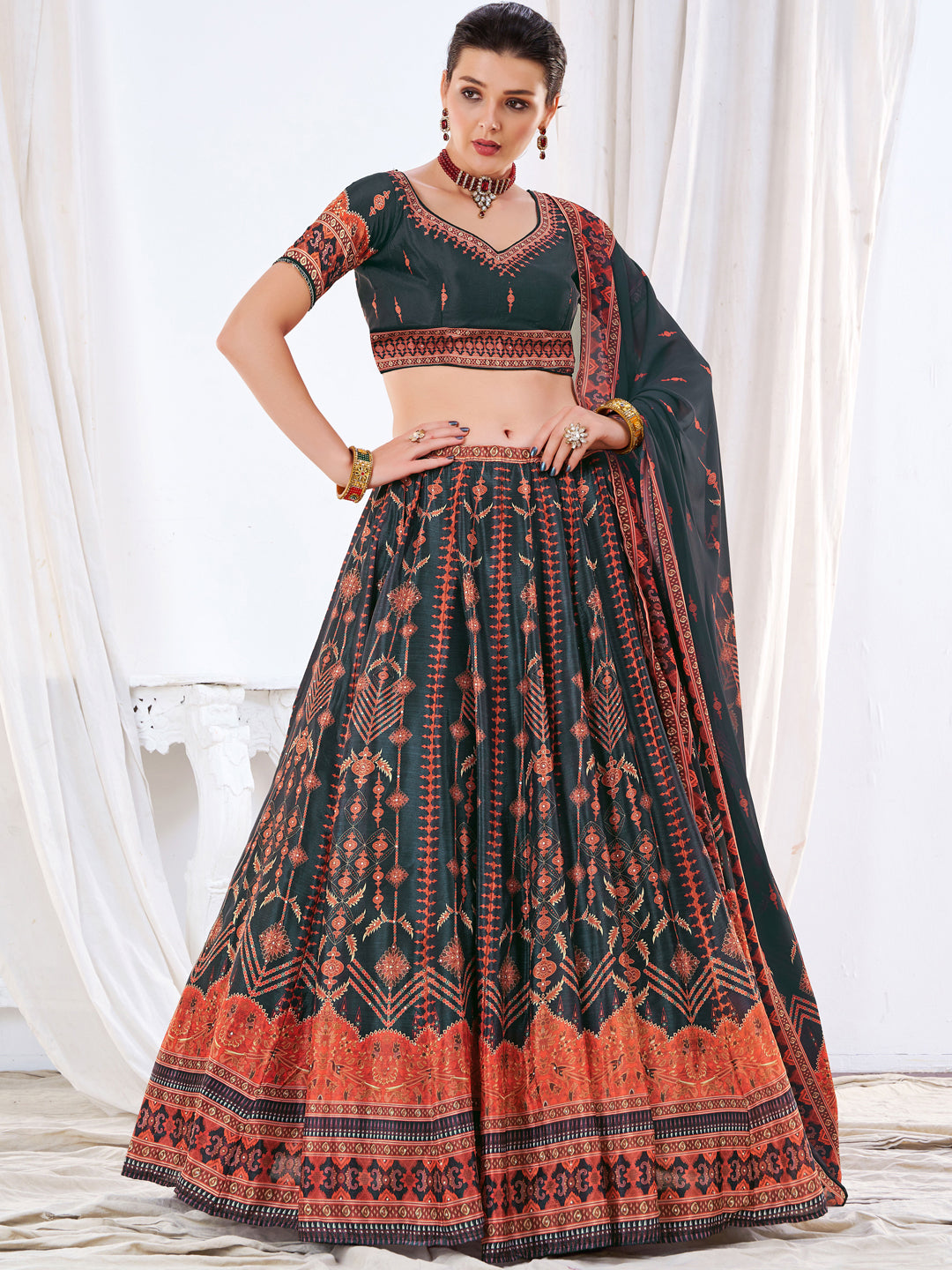 Embellished Kalidar Lehenga Set with Tribal inspired Chiffon dupatta