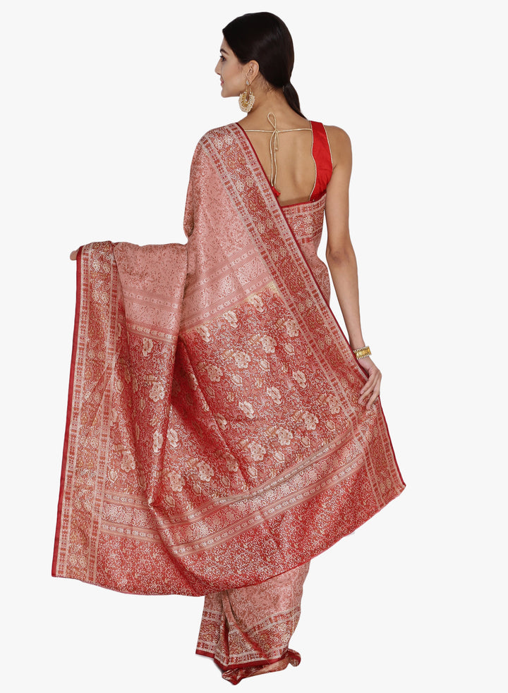 Coral Red Art Silk Woven Design Party Wear Saree