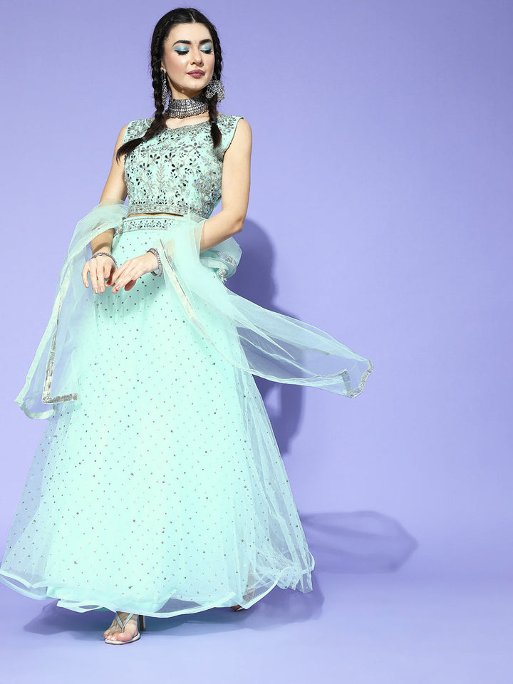 Mirror Work Embellished Net Lehenga Choli Dupatta Set