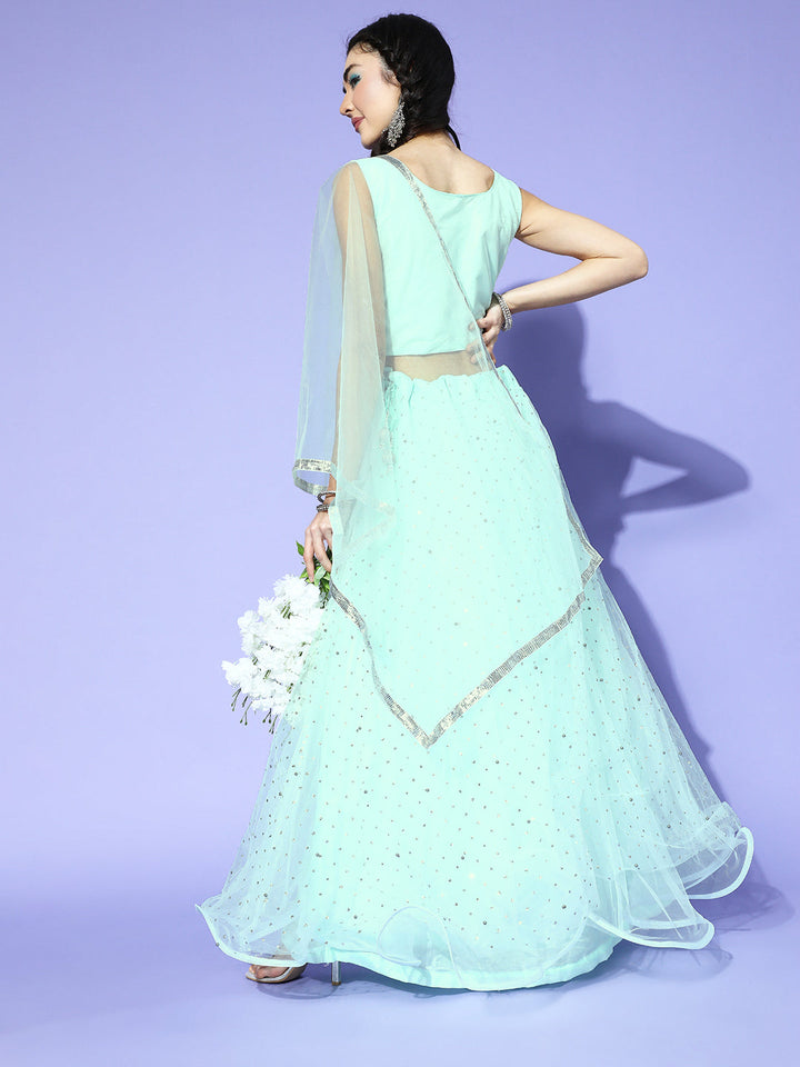 Mirror Work Embellished Net Lehenga Choli Dupatta Set