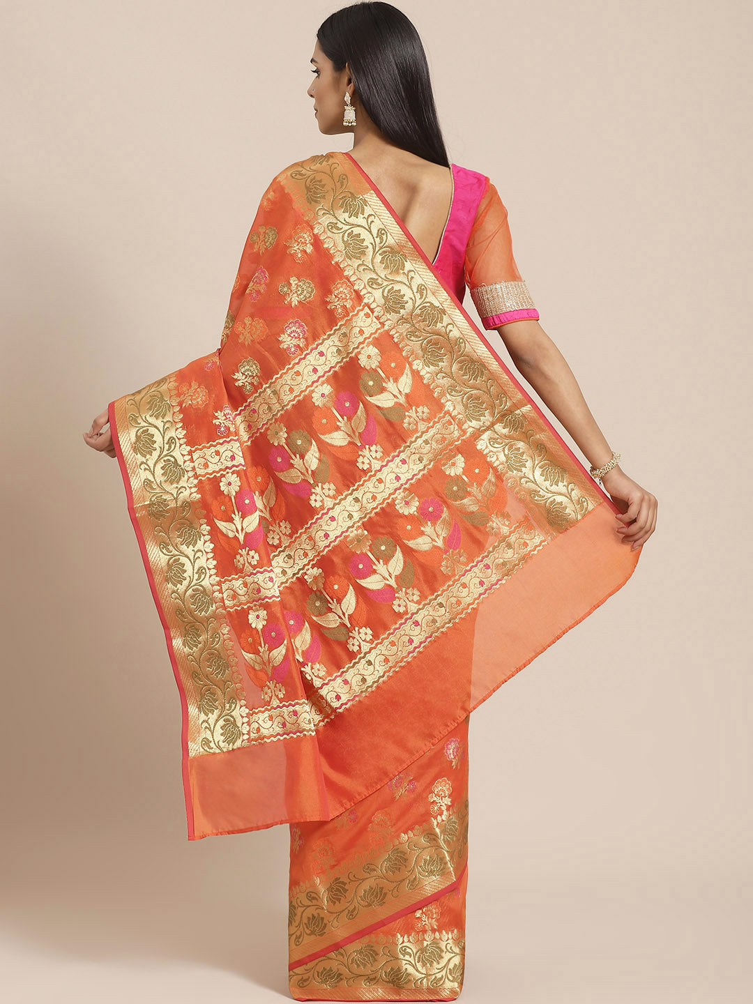 Chanderi Saree with Gold Zari & Resham Floral Meenakari Motifs & Lotus pattern in border