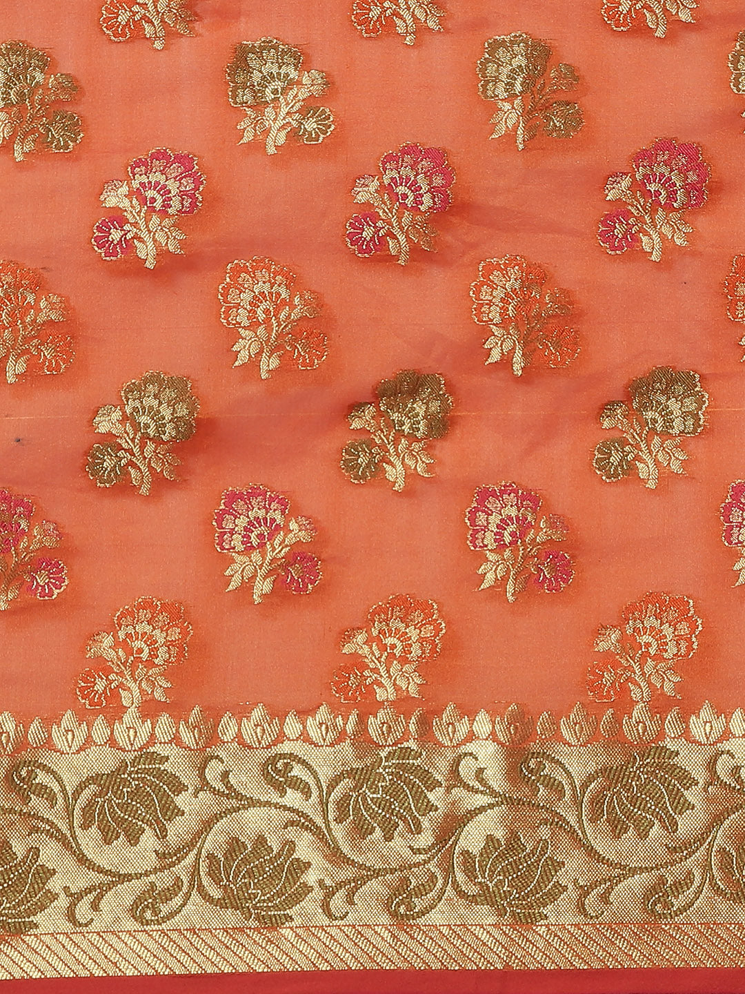 Chanderi Saree with Gold Zari & Resham Floral Meenakari Motifs & Lotus pattern in border