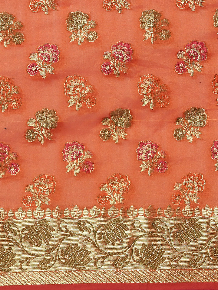 Chanderi Saree with Gold Zari & Resham Floral Meenakari Motifs & Lotus pattern in border
