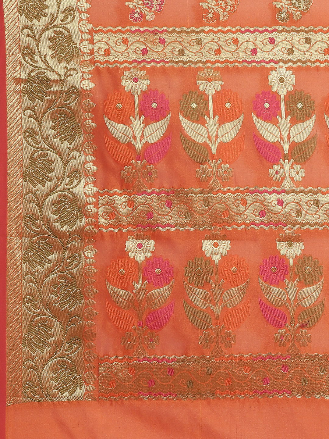 Chanderi Saree with Gold Zari & Resham Floral Meenakari Motifs & Lotus pattern in border