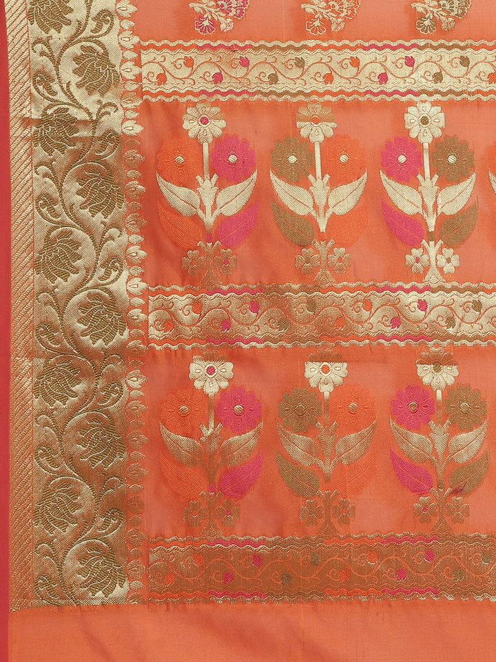 Chanderi Saree with Gold Zari & Resham Floral Meenakari Motifs & Lotus pattern in border