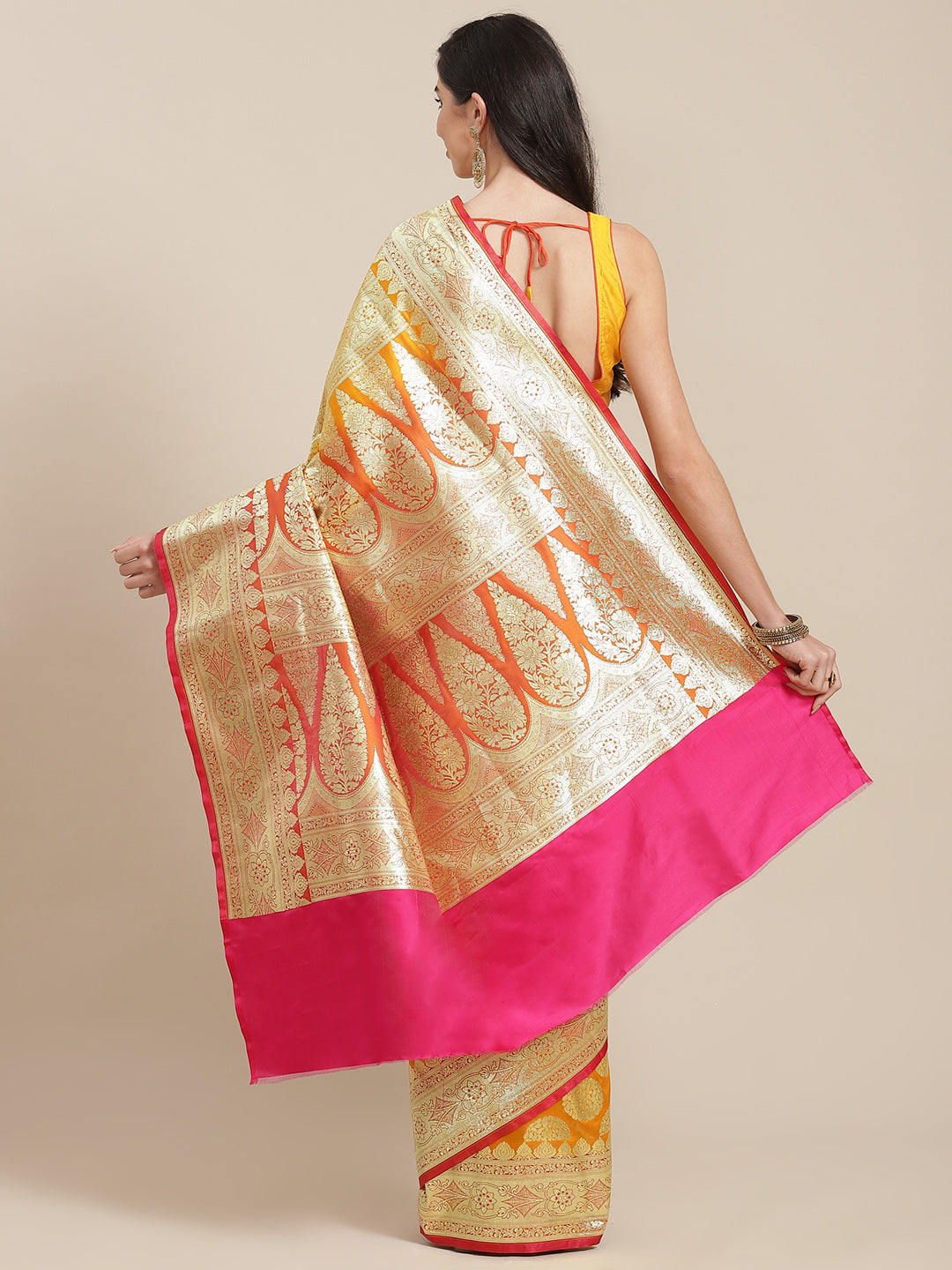 Mustard Kanjeevaram Wedding Silk Saree With Magenta Contrast Pallu