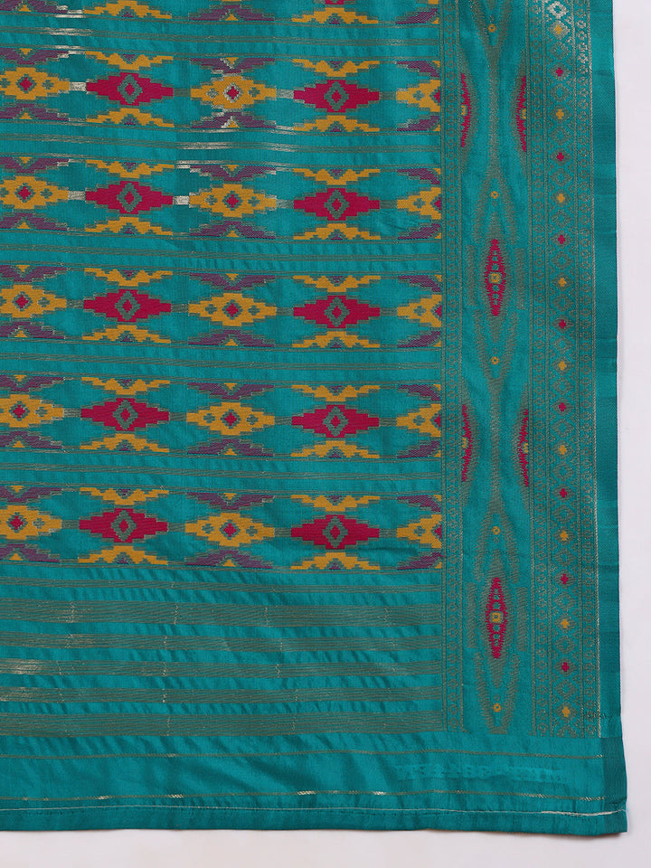 Rich Ikat Pochampally Silk Saree with Meenakari Weaving & Contrast Border