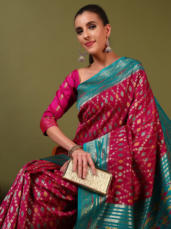 Rich Ikat Pochampally Silk Saree with Meenakari Weaving & Contrast Border
