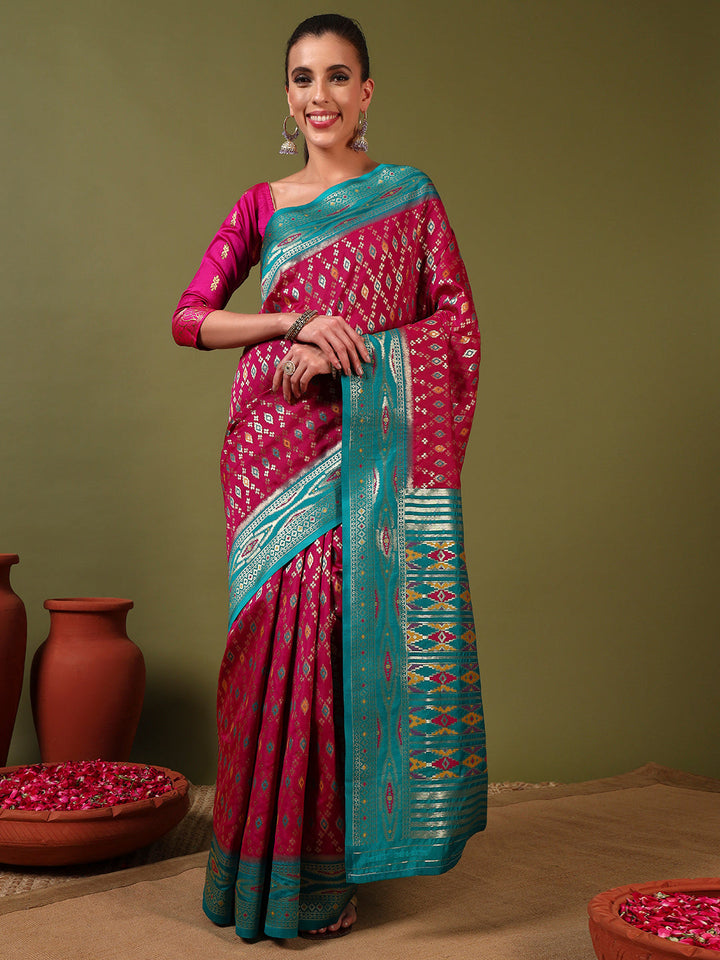 Rich Ikat Pochampally Silk Saree with Meenakari Weaving & Contrast Border