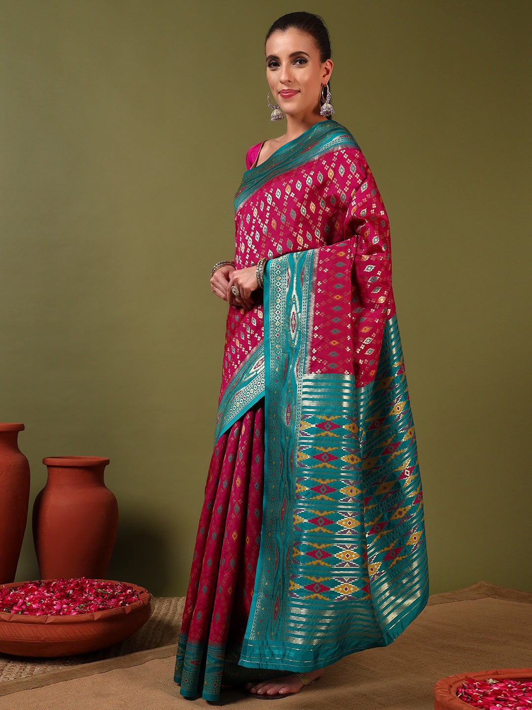 Rich Ikat Pochampally Silk Saree with Meenakari Weaving & Contrast Border