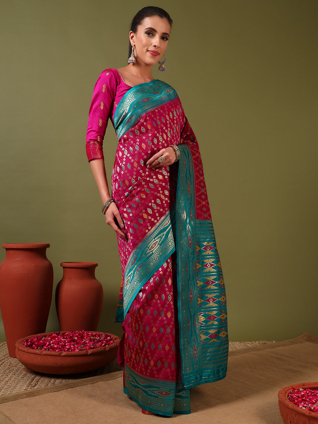 Rich Ikat Pochampally Silk Saree with Meenakari Weaving & Contrast Border