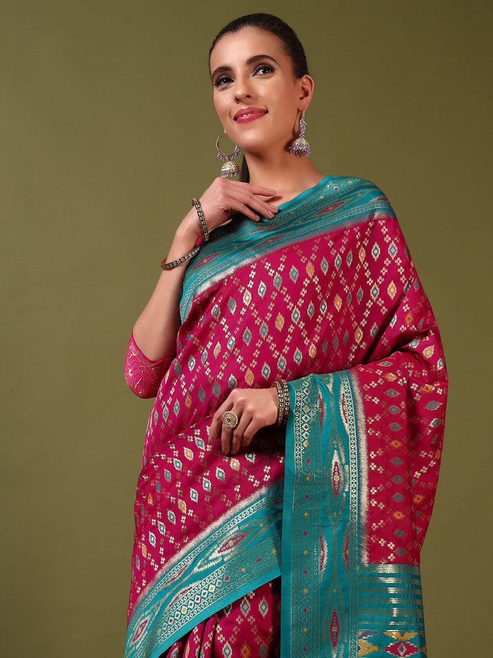 Rich Ikat Pochampally Silk Saree with Meenakari Weaving & Contrast Border