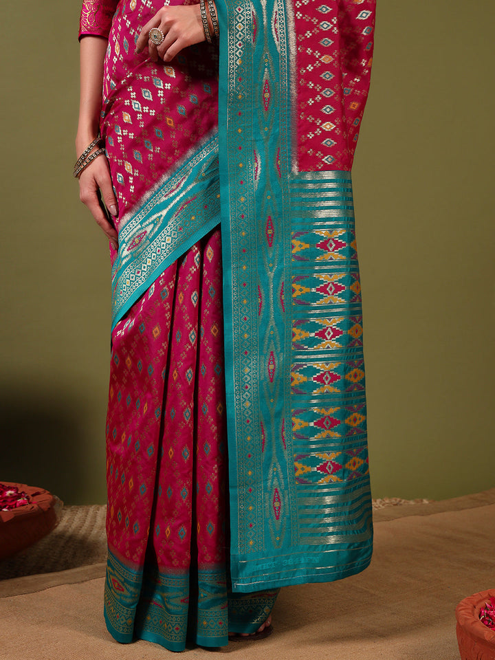 Rich Ikat Pochampally Silk Saree with Meenakari Weaving & Contrast Border